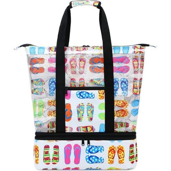 MESH Beach Tote Bag with Cooler Insulated Detachable Pool Bags White - Picture 1 of 6